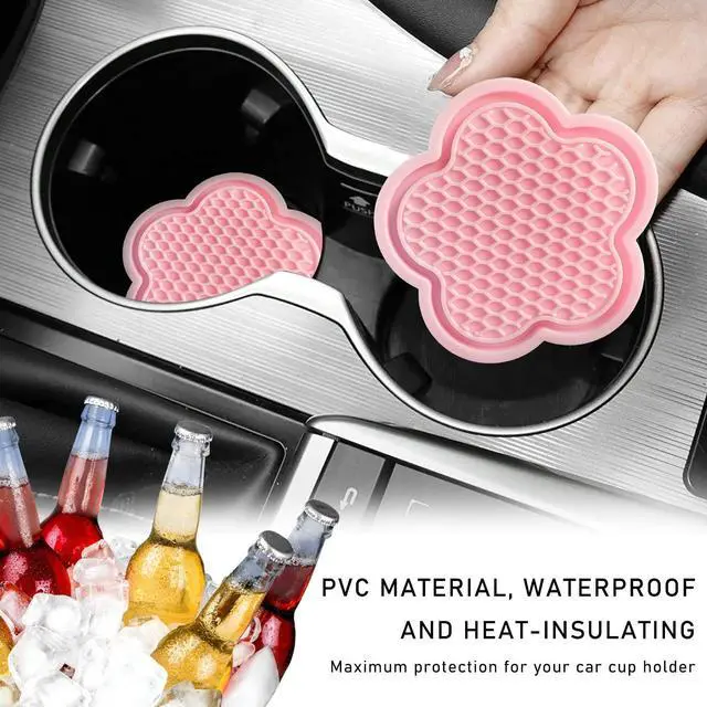 Alt view image 6 of 6 - 2 PCS Car Cup Coasters, Cute Flower Shaped Car Cup Holder Mat, PVC Waterproof Anti Slip Vehicle Cup Holder Insert Coaster, Universal Car Interior Decor Accessories (Pink)