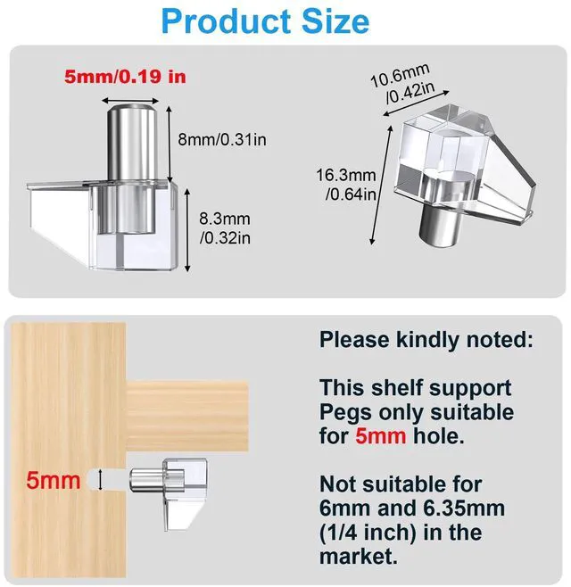 Alt view image 4 of 7 - 5mm Shelf Support Pegs, Clear Cabinet Shelf Support Pins, Plastic Shelf Holder Pins Replacement Shelves Peg for Closet Bookshelves 20 Pcs