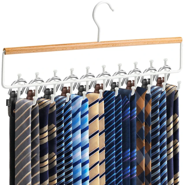 Main image of Tie Belt Rack Hanger for Closet, Wood Tie Holder Organizer with 20 Hooks | Upgraded 2-in-1 Tie and Belt Hanger Organizer, Large Capacity, 360° Rotating Hook, Non Slip, Space Saving, Wooden Color