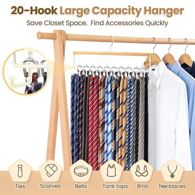 Alt view image 2 of 7 - Tie Belt Rack Hanger for Closet, Wood Tie Holder Organizer with 20 Hooks | Upgraded 2-in-1 Tie and Belt Hanger Organizer, Large Capacity, 360° Rotating Hook, Non Slip, Space Saving, Wooden Color