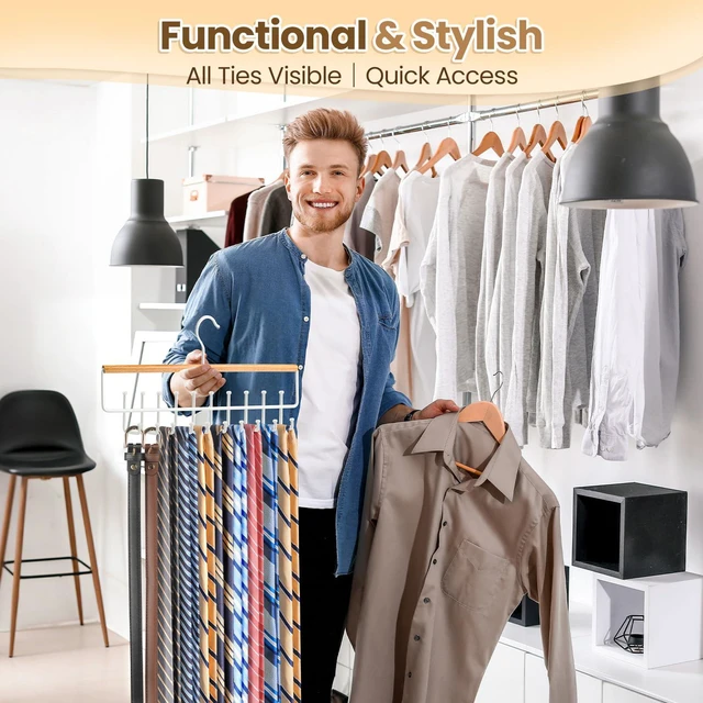 Alt view image 3 of 7 - Tie Belt Rack Hanger for Closet, Wood Tie Holder Organizer with 20 Hooks | Upgraded 2-in-1 Tie and Belt Hanger Organizer, Large Capacity, 360° Rotating Hook, Non Slip, Space Saving, Wooden Color