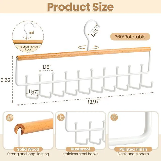 Alt view image 4 of 7 - Tie Belt Rack Hanger for Closet, Wood Tie Holder Organizer with 20 Hooks | Upgraded 2-in-1 Tie and Belt Hanger Organizer, Large Capacity, 360° Rotating Hook, Non Slip, Space Saving, Wooden Color