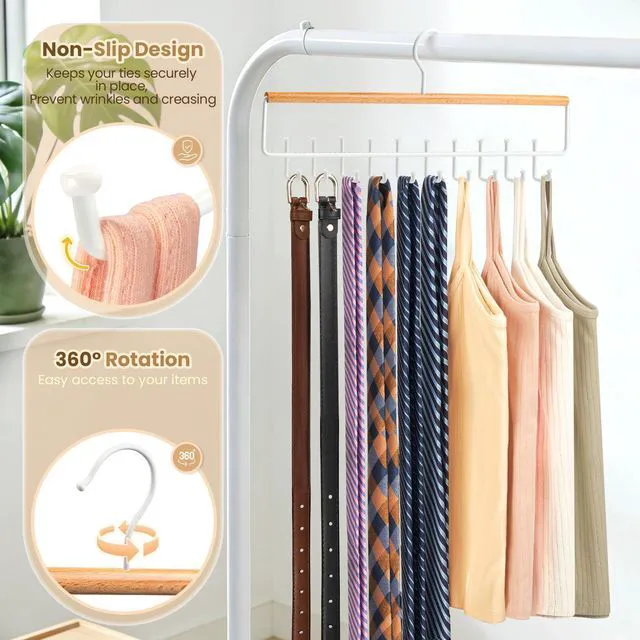 Alt view image 5 of 7 - Tie Belt Rack Hanger for Closet, Wood Tie Holder Organizer with 20 Hooks | Upgraded 2-in-1 Tie and Belt Hanger Organizer, Large Capacity, 360° Rotating Hook, Non Slip, Space Saving, Wooden Color