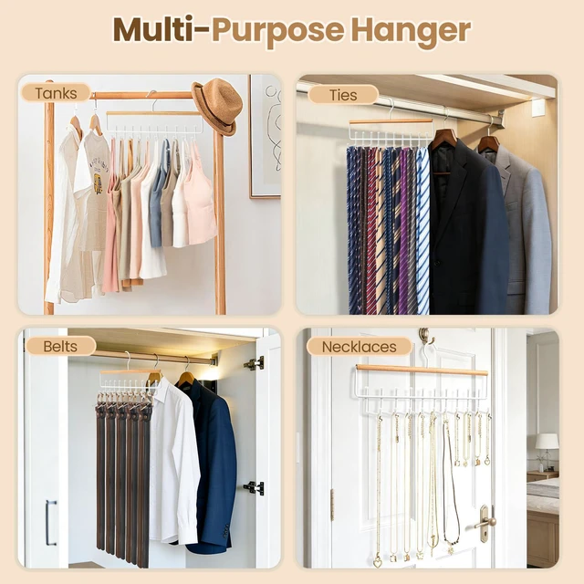 Alt view image 7 of 7 - Tie Belt Rack Hanger for Closet, Wood Tie Holder Organizer with 20 Hooks | Upgraded 2-in-1 Tie and Belt Hanger Organizer, Large Capacity, 360° Rotating Hook, Non Slip, Space Saving, Wooden Color