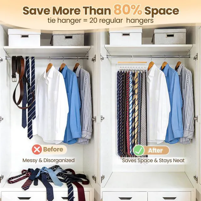Alt view image 6 of 7 - Tie Belt Rack Hanger for Closet, Wood Tie Holder Organizer with 20 Hooks | Upgraded 2-in-1 Tie and Belt Hanger Organizer, Large Capacity, 360° Rotating Hook, Non Slip, Space Saving, Wooden Color