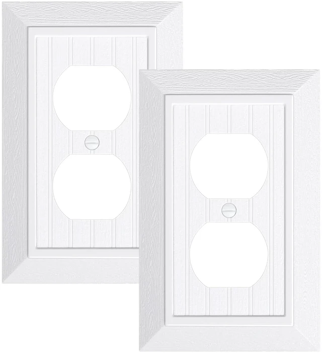 Main image of 2-Pack Classic Beadboard Polycarbonate Duplex Outlet Cover Plate | Decorative Unbreakable Switch Plates and Outlet Covers, Pure White Wall Plate for Electrical Outlet, 1 Gang Receptacle Cover