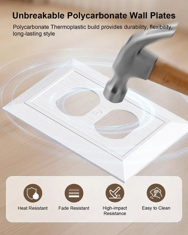 Alt view image 3 of 7 - 2-Pack Classic Beadboard Polycarbonate Duplex Outlet Cover Plate | Decorative Unbreakable Switch Plates and Outlet Covers, Pure White Wall Plate for Electrical Outlet, 1 Gang Receptacle Cover