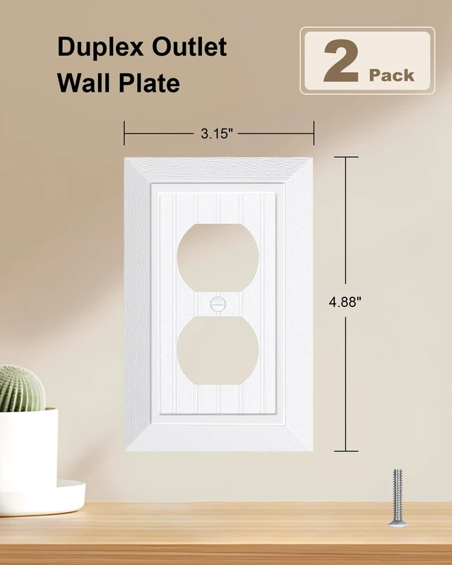 Alt view image 2 of 7 - 2-Pack Classic Beadboard Polycarbonate Duplex Outlet Cover Plate | Decorative Unbreakable Switch Plates and Outlet Covers, Pure White Wall Plate for Electrical Outlet, 1 Gang Receptacle Cover