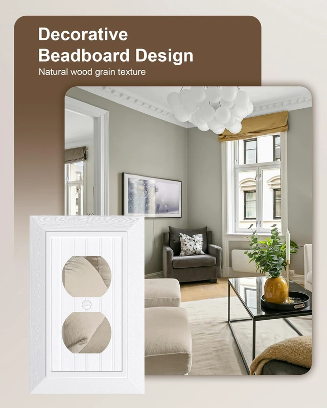 Alt view image 4 of 7 - 2-Pack Classic Beadboard Polycarbonate Duplex Outlet Cover Plate | Decorative Unbreakable Switch Plates and Outlet Covers, Pure White Wall Plate for Electrical Outlet, 1 Gang Receptacle Cover