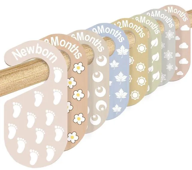 Main image of 8pcs Baby Closet Dividers - Wooden Baby Clothes Organizer for Nursery & Closet - Adorable 8 Size Clothes Organizer with 8 Unique Designs - Dress Dividers for Boys & Girls (8 Patterns-9)