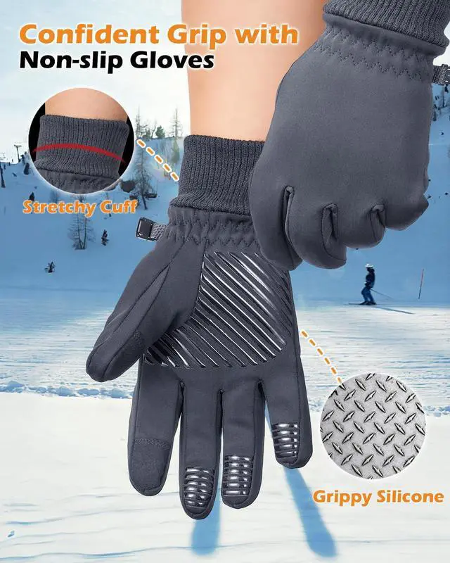 Alt view image 5 of 7 - Waterproof Winter Gloves Touch Screen for Women and Men, Gray, XS | Water proof Touchscreen Gloves with Thermal Warm for Cold Weather Snow, Running, Hiking, Cycling and Winter Activities