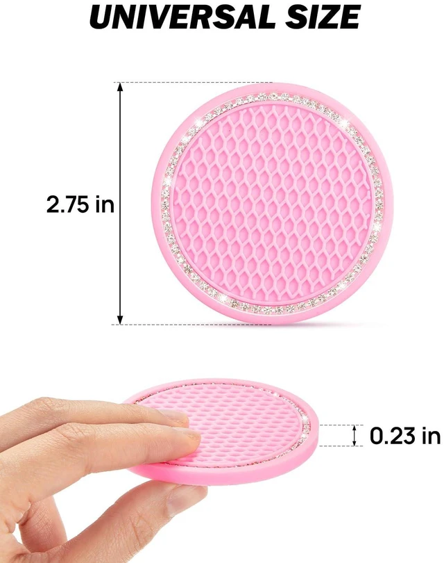 Alt view image 2 of 6 - Cup Holder Coasters for Car, 2 Pack Universal Anti-Slip Car Coasters with Crystal Rhinestone, 2.75 inch/6.98 cm PVC Cup Holder Insert Coaster, Pink Car Accessories (Pink with Diamond)