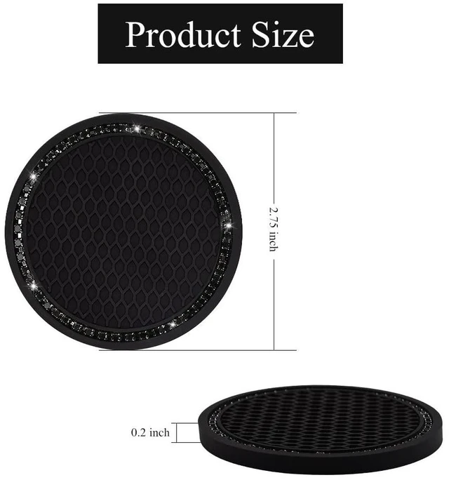 Alt view image 2 of 6 - 2 Pack Car Cup Holder Coaster, 2.75 Inch Bling Cup Holder Insert Mat | Universal Black Silicone Car Coasters with Diamond, Crystal Rhinestone Car Interior Accessories for Women