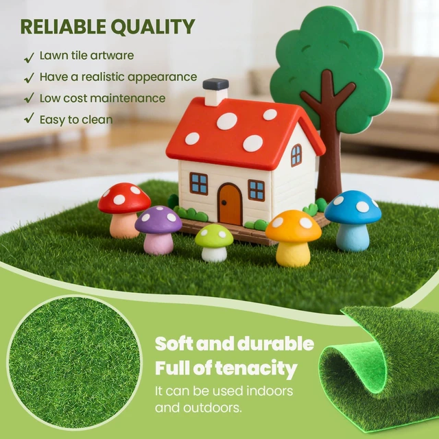Alt view image 3 of 7 - 4 Packs 6x6 Inch Cuttable Artificial Grass Squares, Realistic Fake Grass Mats, Mini Craft Turf Tiles for Fairy Garden Accessories, Dollhouse Decor, DIY Craft and Diorama Supplies