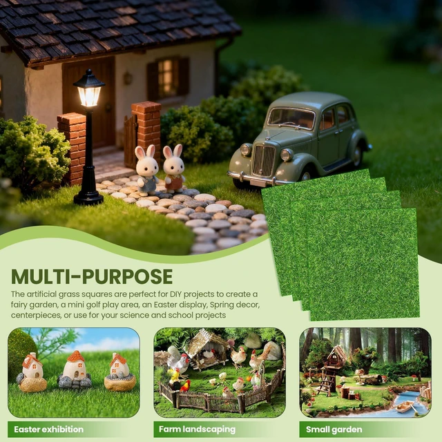 Alt view image 7 of 7 - 4 Packs 6x6 Inch Cuttable Artificial Grass Squares, Realistic Fake Grass Mats, Mini Craft Turf Tiles for Fairy Garden Accessories, Dollhouse Decor, DIY Craft and Diorama Supplies