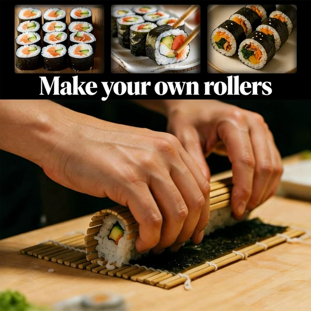 Alt view image 6 of 6 - MIUQILAIY 9.5"x9.5"Bamboo Sushi Rolling Mat,kimbap roller(2 PCS)