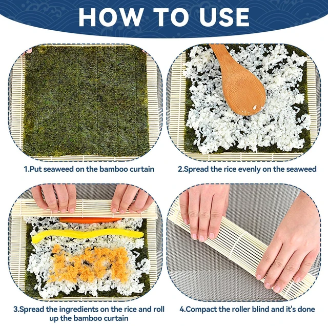 Alt view image 3 of 7 - 1 Pack 12 Inch Bamboo Sushi Mat - Sushi Roller Mat for Making, Shaping & Molding Sushi Roll & Kimbap - Food-Safe Sushi Making Supplies, Tools & Accessories