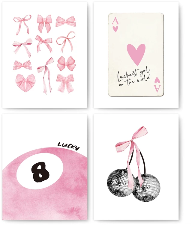Main image of okaxscm Pink Coquette Trendy Preppy Wall Art Prints Set of 4, Coquette Room Decor, Preppy Room Decor Aesthetic, Pink Bow Disco 8 Ball Cherry Wall Decor Posters for Girls Bedroom Dorm, 8x10 Unframed