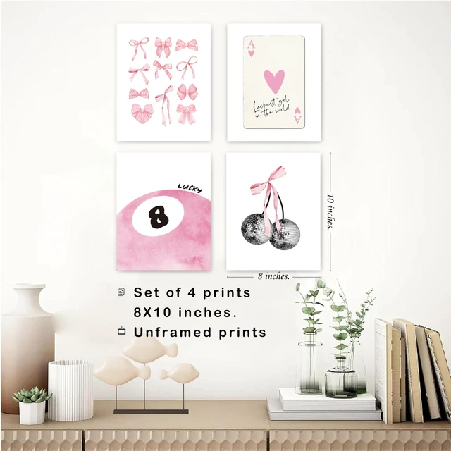 Alt view image 3 of 5 - okaxscm Pink Coquette Trendy Preppy Wall Art Prints Set of 4, Coquette Room Decor, Preppy Room Decor Aesthetic, Pink Bow Disco 8 Ball Cherry Wall Decor Posters for Girls Bedroom Dorm, 8x10 Unframed