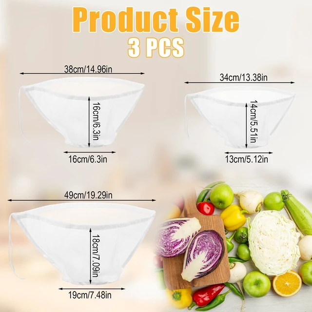 Alt view image 2 of 7 - 3 PCS Nut Bag Strainer, 3 Sizes Cheese Cloth Strainer Bags Reusable Nut Milk Bag Filling Squeeze Bowl Shaped Nuts Milk Bags for Straining Coffee Tea Juice Supplies, White