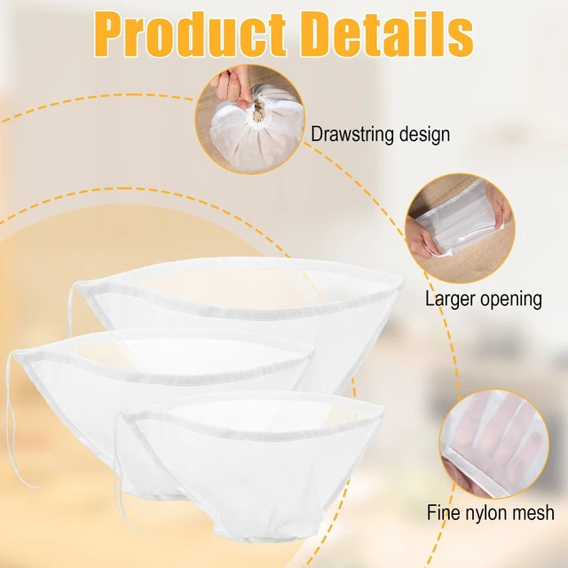 Alt view image 3 of 7 - 3 PCS Nut Bag Strainer, 3 Sizes Cheese Cloth Strainer Bags Reusable Nut Milk Bag Filling Squeeze Bowl Shaped Nuts Milk Bags for Straining Coffee Tea Juice Supplies, White