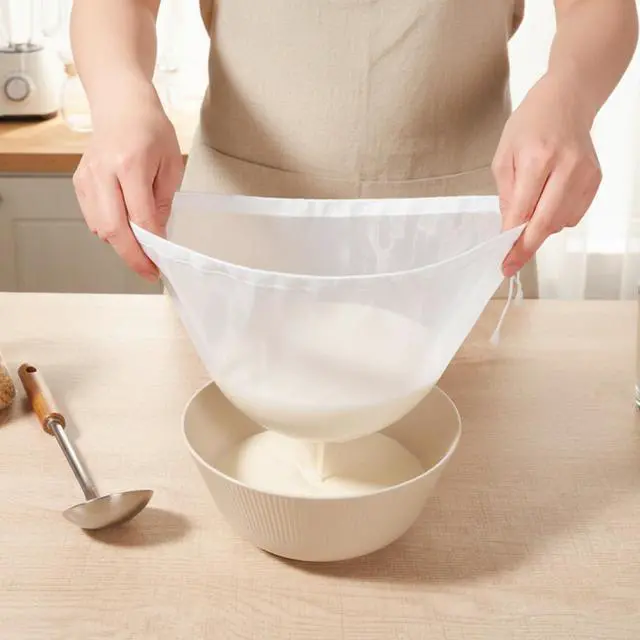 Alt view image 5 of 7 - 3 PCS Nut Bag Strainer, 3 Sizes Cheese Cloth Strainer Bags Reusable Nut Milk Bag Filling Squeeze Bowl Shaped Nuts Milk Bags for Straining Coffee Tea Juice Supplies, White