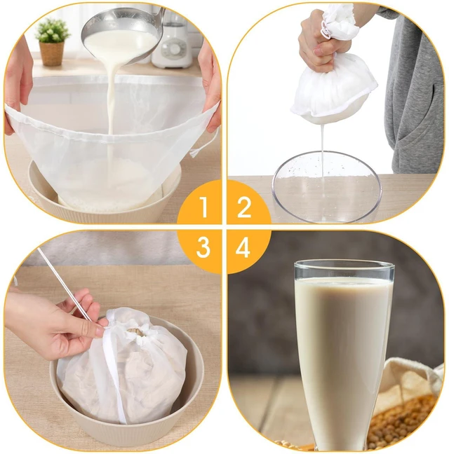 Alt view image 7 of 7 - 3 PCS Nut Bag Strainer, 3 Sizes Cheese Cloth Strainer Bags Reusable Nut Milk Bag Filling Squeeze Bowl Shaped Nuts Milk Bags for Straining Coffee Tea Juice Supplies, White