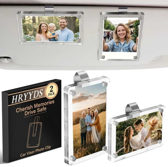 Main image of 2 Pack Car Picture Holder, Acrylic Magnetic Car Visor Photo Clip Clear, Stable, Easy to Use, for Family Photos, Pet Pictures & More Great Gift for Drivers