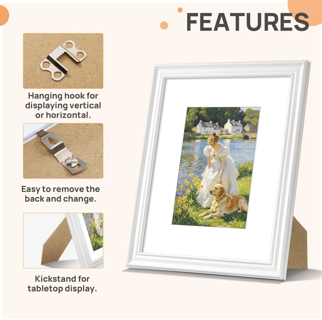 Alt view image 5 of 7 - 8x10 Picture Frame, Vintage Frames Decor, 1Pack White | Fit 5x7 and 8 x 10 Photo, Wall or Tabletop Display, Antique-style Decoration, Rustic Farmhouse Decor, For Weddings