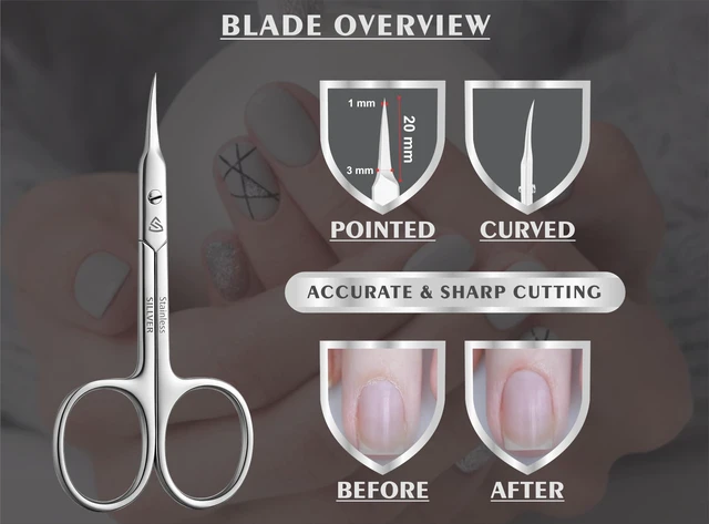 Alt view image 2 of 7 - SILLVER Cuticle Scissors Curved Blade - Extra Fine Pointed Tip Professional Manicure Grooming Scissors for Cuticles, Beard, Nose Hair, Eyelash, Mustache - Eyebrow Scissors