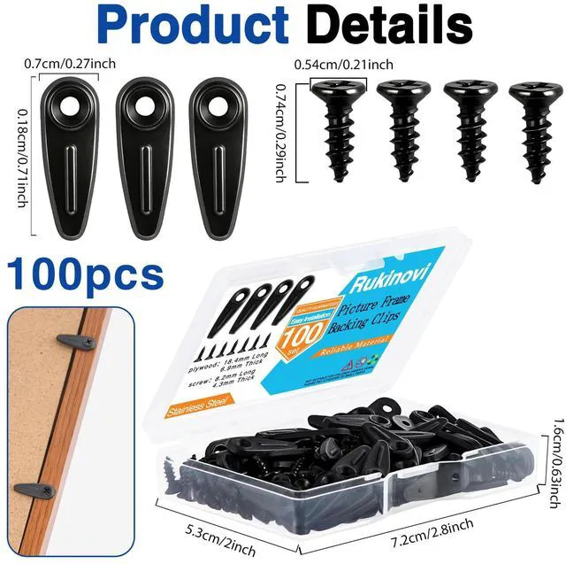 Alt view image 2 of 7 - Picture Frame Backing Clips with Screws,100 Sets Black Durable Plastic Turn Button Backing Fasteners for Canvas Art,Shadow Box,Hanging Photos,Pictures Framing Supplies (A-Black)