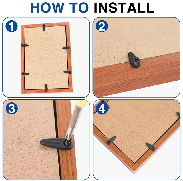 Alt view image 3 of 7 - Picture Frame Backing Clips with Screws,100 Sets Black Durable Plastic Turn Button Backing Fasteners for Canvas Art,Shadow Box,Hanging Photos,Pictures Framing Supplies (A-Black)