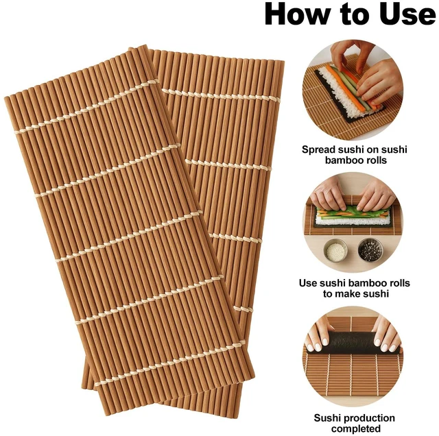 Alt view image 4 of 6 - 2PCS Bamboo Sushi Rolling Mat, Sushi roll maker, Sushi making kit, Bamboo Sushi Rolling Mat Carbonized Color (light brown, 2pcs)