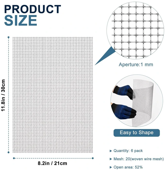 Alt view image 3 of 7 - 6 Pack Stainless Steel Wire Mesh Screen 11.8 x 8.2 inch Metal Mesh Screen | 20 Mesh for DIY Projects, Vent, Cage, Garden, Window Screens and Filter Mesh.