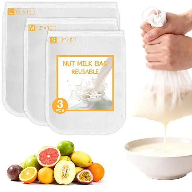 Main image of Milk Bag Reusable 3 Pack (8"x12"/10"x12"/13"x13") Fine Mesh Nylon Cheese Cloth Strainer Bags for Straining Almond Milk, Soy Milk, Greek Yogurt, Cold Brew Coffee, Juice, Tea, Tofu, Chees