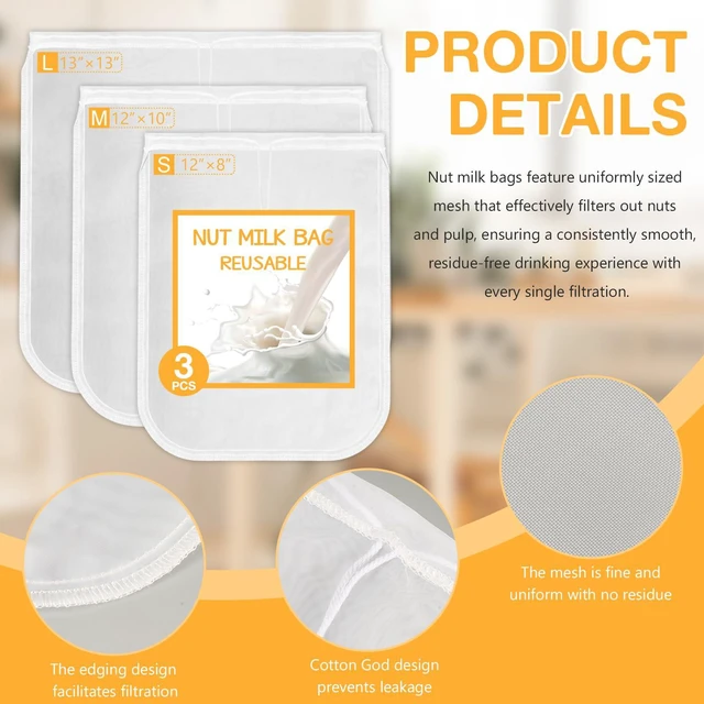 Alt view image 3 of 7 - Milk Bag Reusable 3 Pack (8"x12"/10"x12"/13"x13") Fine Mesh Nylon Cheese Cloth Strainer Bags for Straining Almond Milk, Soy Milk, Greek Yogurt, Cold Brew Coffee, Juice, Tea, Tofu, Chees