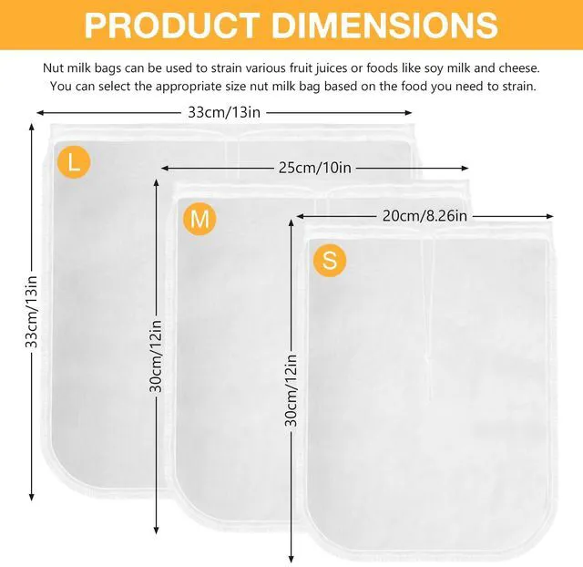 Alt view image 4 of 7 - Milk Bag Reusable 3 Pack (8"x12"/10"x12"/13"x13") Fine Mesh Nylon Cheese Cloth Strainer Bags for Straining Almond Milk, Soy Milk, Greek Yogurt, Cold Brew Coffee, Juice, Tea, Tofu, Chees