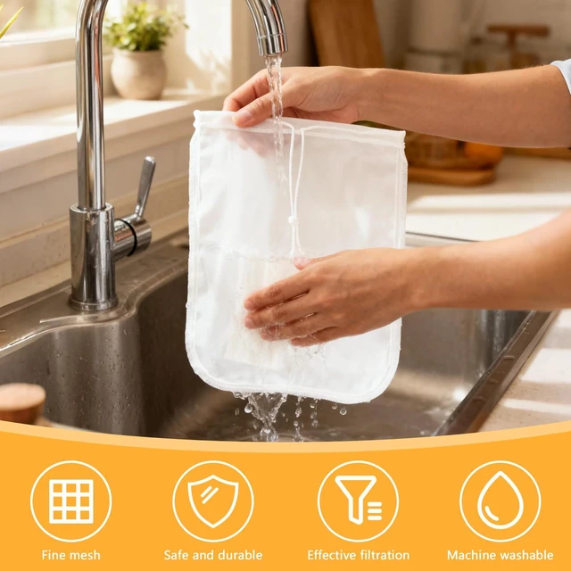 Alt view image 5 of 7 - Milk Bag Reusable 3 Pack (8"x12"/10"x12"/13"x13") Fine Mesh Nylon Cheese Cloth Strainer Bags for Straining Almond Milk, Soy Milk, Greek Yogurt, Cold Brew Coffee, Juice, Tea, Tofu, Chees