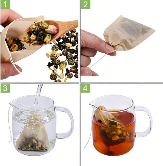 Alt view image 2 of 7 - Disposable Tea Filter Bags for Loose Leaf Tea, Unbleached Drawstring Tea Infuser Bags, Fillable Tea Sachets, Biodegradable and Compostable (Wood, 100 Pack 3.2 x 4.0 inch)