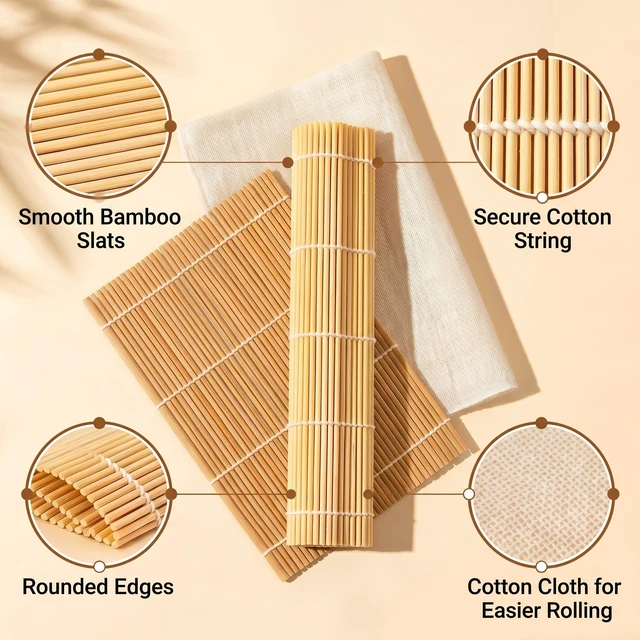 Alt view image 5 of 7 - Sushi Rolling Mat Set, 2 Pack Bamboo Makisu with Cloth, 9.5x9.5 In | 2 Bamboo Mats + Cotton Cloth. Reduces Rice Sticking, Fits Standard Nori. For Maki, California Rolls & Kimbap.