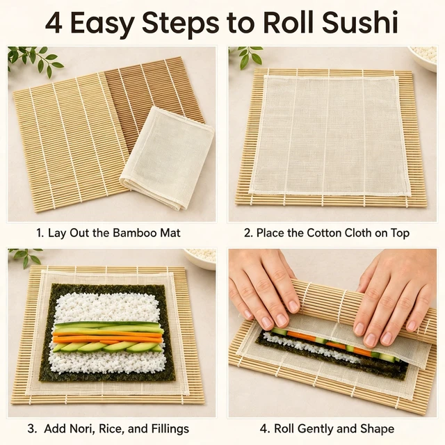 Alt view image 6 of 7 - Sushi Rolling Mat Set, 2 Pack Bamboo Makisu with Cloth, 9.5x9.5 In | 2 Bamboo Mats + Cotton Cloth. Reduces Rice Sticking, Fits Standard Nori. For Maki, California Rolls & Kimbap.