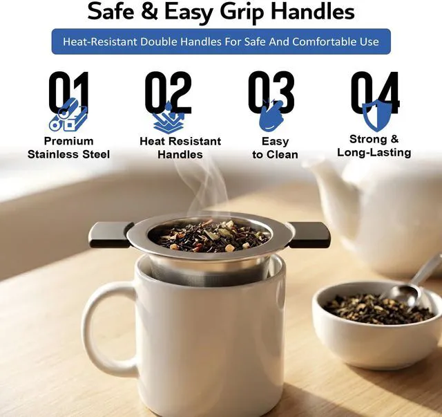 Alt view image 4 of 7 - Fine 18/8 Stainless Steel Tea Infuser Mesh Strainer with Large Capacity & Perfect Size Double Handles for Hanging on Teapots, Mugs, Cups to Steep Loose Leaf Tea and Coffee