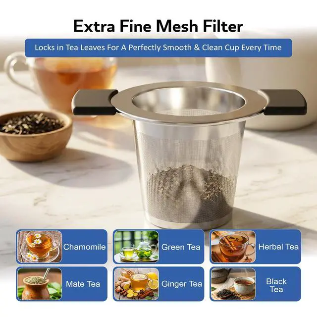 Alt view image 3 of 7 - Fine 18/8 Stainless Steel Tea Infuser Mesh Strainer with Large Capacity & Perfect Size Double Handles for Hanging on Teapots, Mugs, Cups to Steep Loose Leaf Tea and Coffee