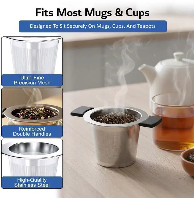 Alt view image 5 of 7 - Fine 18/8 Stainless Steel Tea Infuser Mesh Strainer with Large Capacity & Perfect Size Double Handles for Hanging on Teapots, Mugs, Cups to Steep Loose Leaf Tea and Coffee