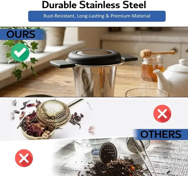 Alt view image 6 of 7 - Fine 18/8 Stainless Steel Tea Infuser Mesh Strainer with Large Capacity & Perfect Size Double Handles for Hanging on Teapots, Mugs, Cups to Steep Loose Leaf Tea and Coffee