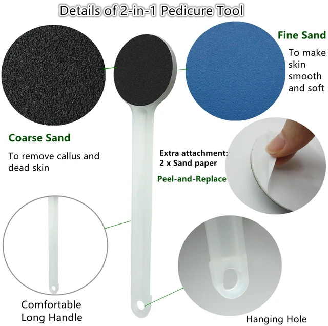 Alt view image 2 of 7 - Foot File Callus Remover 14" Long Handle, Foot Scrubber with Coarse and Fine Sand Paper 2-in-1 Pedicure Tool for Cracked Heels, Dry & Dead Skin, Soft and Smooth Feet, Clear White