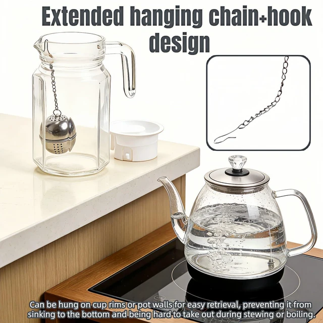 Alt view image 6 of 7 - 2Pcs Stainless Steel Tea Infuser Ball, Fine Mesh Spice Strainer for Loose Leaf Tea & Cooking, Rotating Lock Leak-Proof, Long Chain Hook for Soup Broth Filter