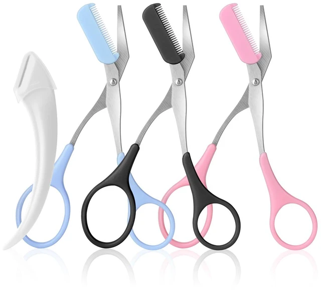 Main image of 3pcs-Eyebrow Scissors with Eyebrow Razor,Professional Eyebrow Trimmer Scissors with Comb,Non Slip Finger Grips Eyebrow Trimmer, Hair Removal Beauty Accessories for Men Women (Black, Pink, Blue)