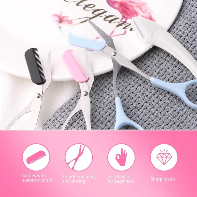 Alt view image 5 of 7 - 3pcs-Eyebrow Scissors with Eyebrow Razor,Professional Eyebrow Trimmer Scissors with Comb,Non Slip Finger Grips Eyebrow Trimmer, Hair Removal Beauty Accessories for Men Women (Black, Pink, Blue)