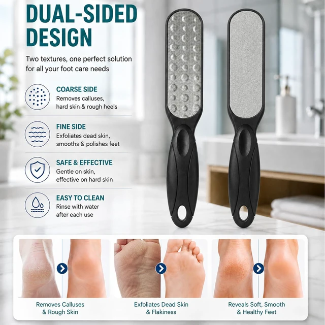 Alt view image 3 of 6 - Foot File, Double Sided Callus Remover for Dead Skin | Stainless Steel Pedicure File for Hard Dead Skin, Cracked Heels & Corns, Dry & Wet Use, Soft Smooth Feet, Home Pedicure